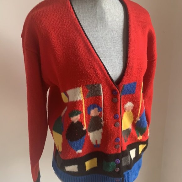 Vintage funky retro 90s red graphic sweater cardigan - Picture 3 of 7